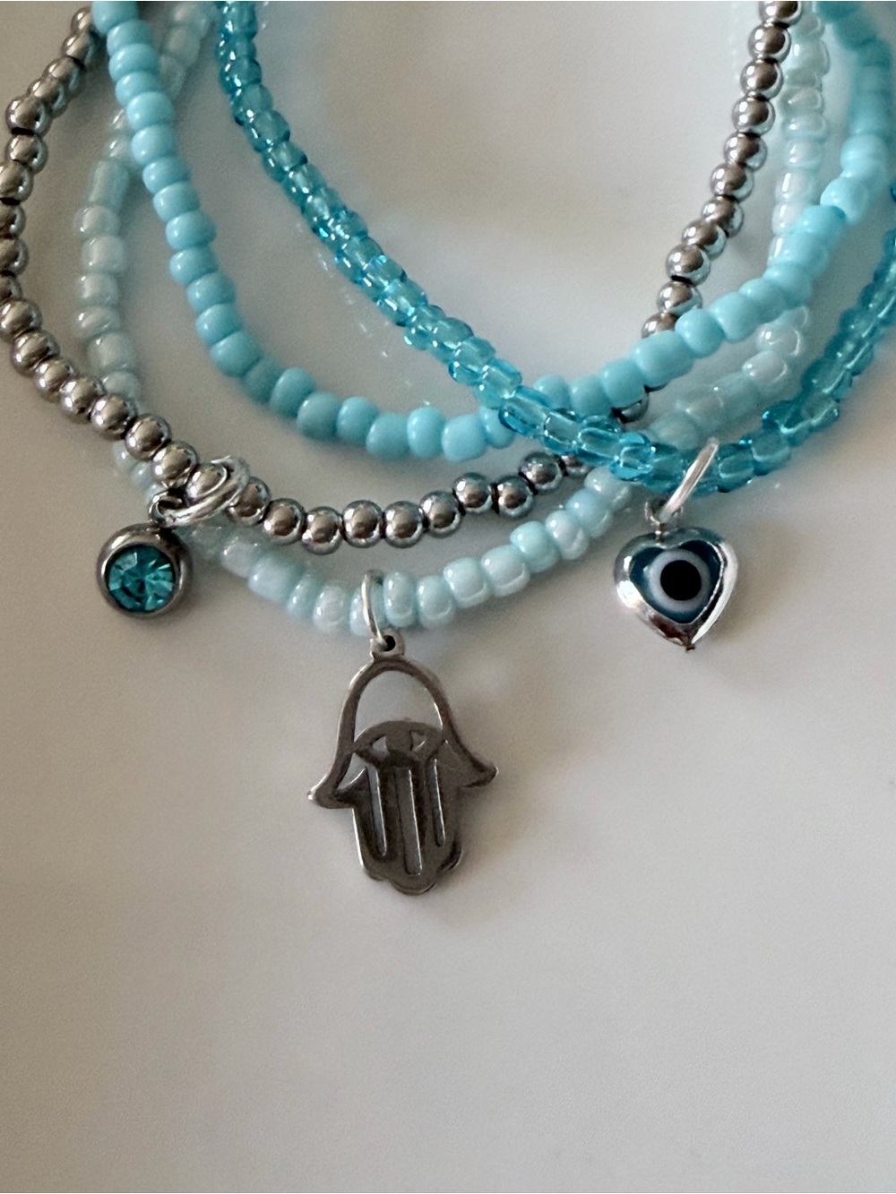 Bracelet Set !Handcrafted Light Blue Beaded Hamsa Charms